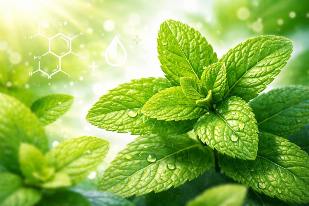 Čerstvá máta na dřevěném povrchu s kapkami rosy