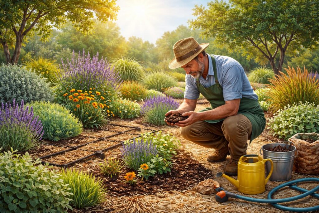 Zdravá zahrada s odolnými rostlinami během sucha