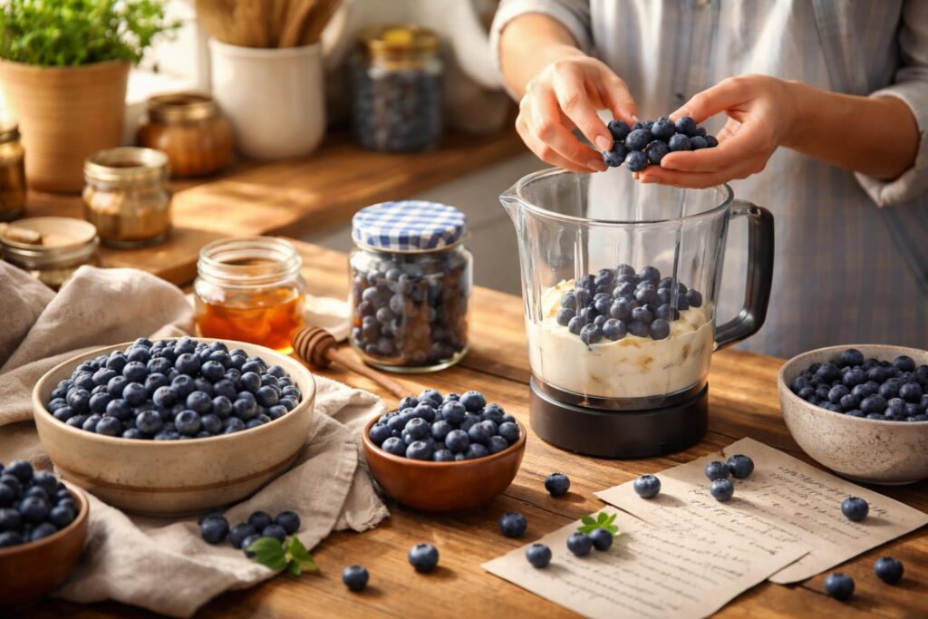 Čerstvé borůvky v misce na dřevěném stole