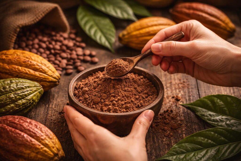 Nepražené kakaové boby a prášek v misce, přírodní produkt