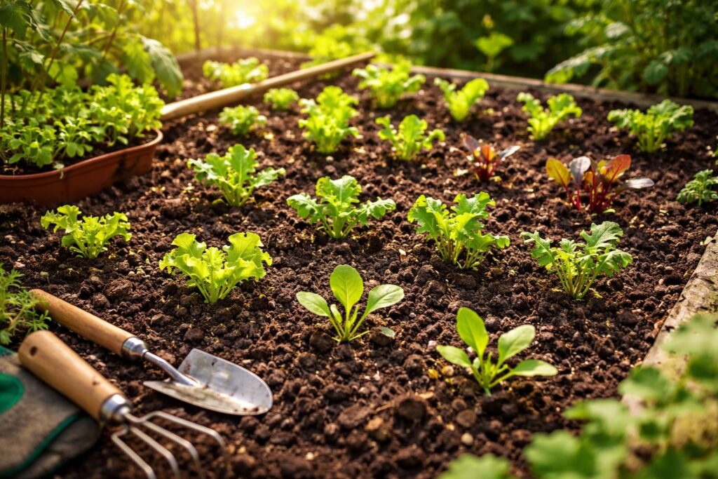 Výsev jarní zeleniny na bio zahradě v jarním období