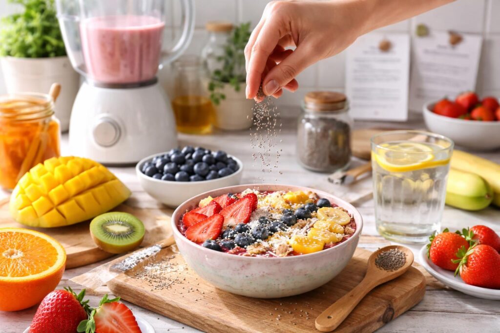 Malá chia semínka rozptýlená na dřevěném povrchu