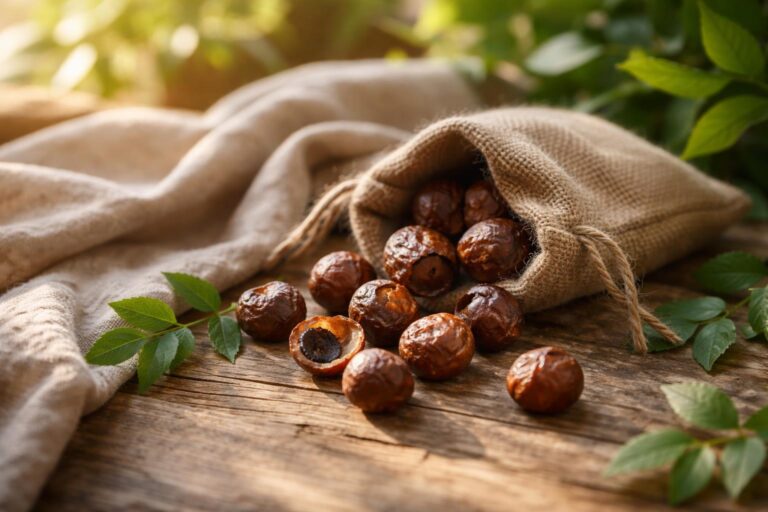 Žena pere prádlo v přírodním praní mýdlovými ořechy, ekologická péče