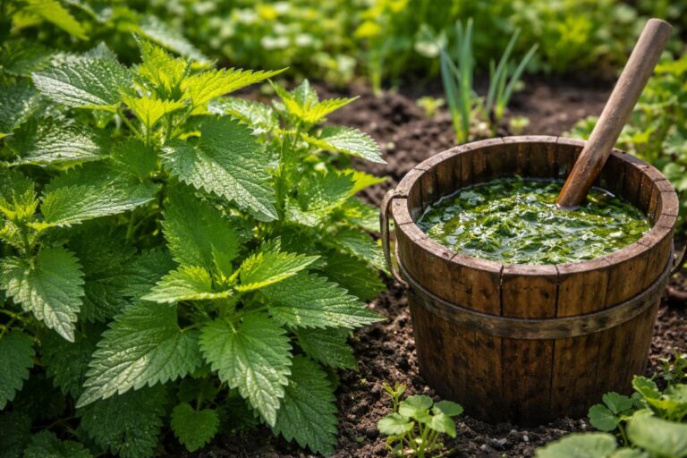 Přírodní kopřivy používány jako ekologické hnojivo na zahradě
