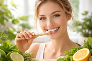 Žena s úsměvem používající přírodní zubní pastu doma