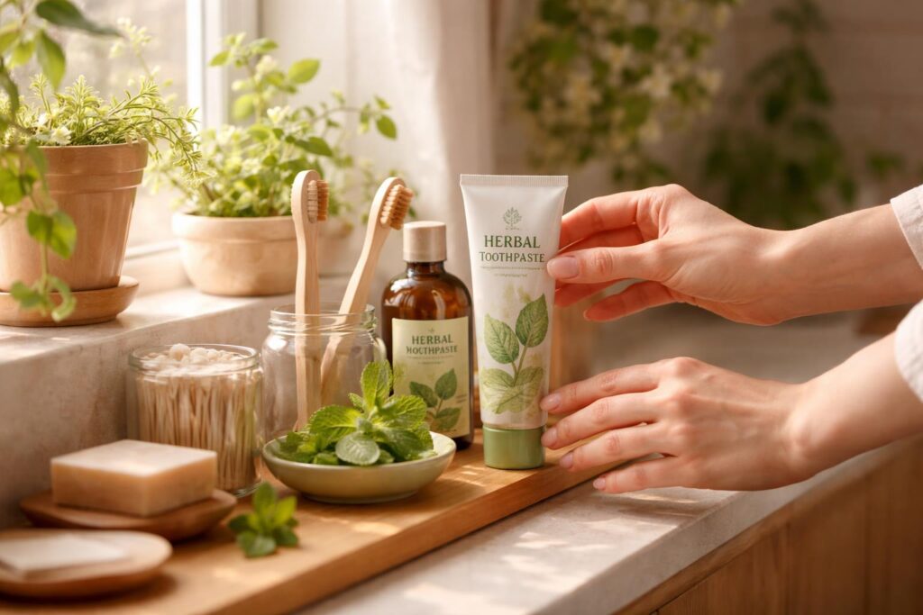 Žena si přirozeně čistí zuby s bylinnou pastou