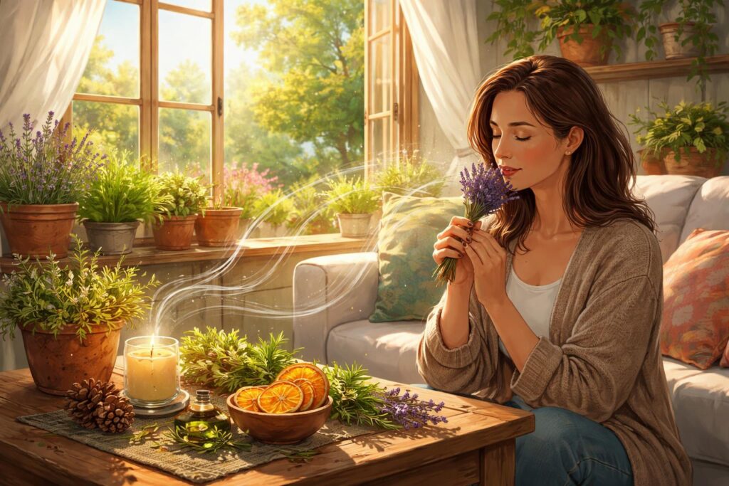 Přírodní vonné oleje a svíčky na dřevěném stole