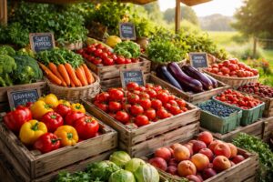 Čerstvá bio zelenina na trhu, sezónní a lokální produkty