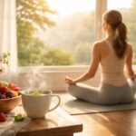Žena cvičí ranní jógu, užívá si klidný start dne, podporuje metabolismus