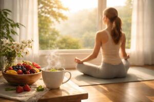 Žena cvičí ranní jógu, užívá si klidný start dne, podporuje metabolismus