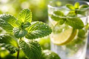 Čerstvá máta na stole s kapkou rosy, symbol zdraví a vitality