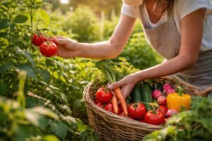 Žena sklízí první bio plody na zahradě plné zeleně