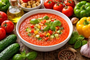 Svěží studená polévka gazpacho plná zeleniny a vitamínů