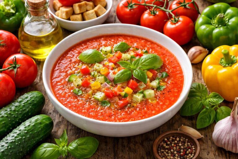 Svěží studená polévka gazpacho plná zeleniny a vitamínů