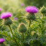 Ostropestřec mariánský na dřevěném stole, bylinné plody a listy