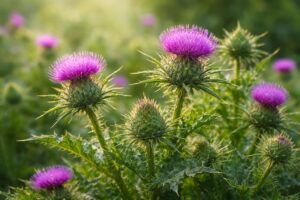 Ostropestřec mariánský na dřevěném stole, bylinné plody a listy