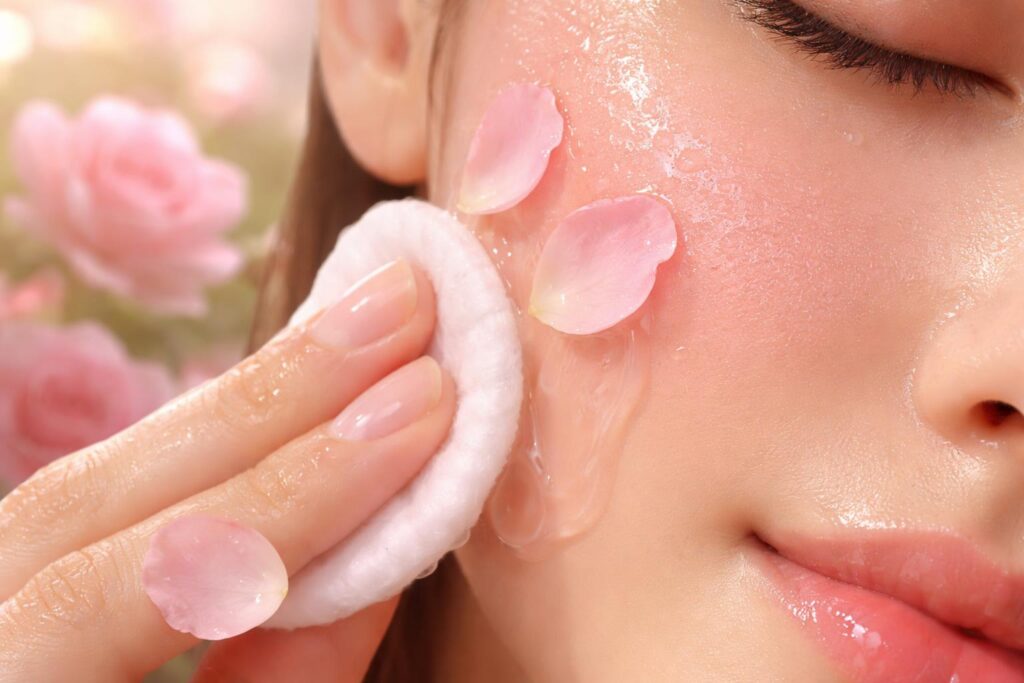 Květinová růžová voda v průhledné lahvičce na bílém pozadí