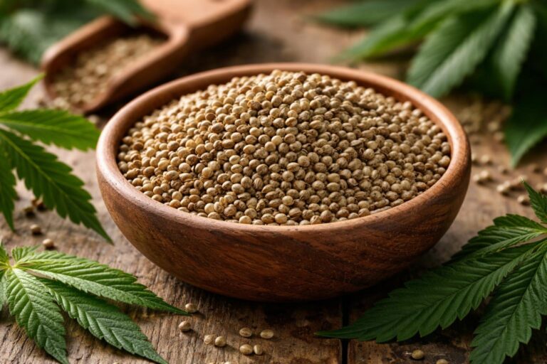 Konopná semínka na dřevěné lžíci, zdravá výživa, superpotraviny