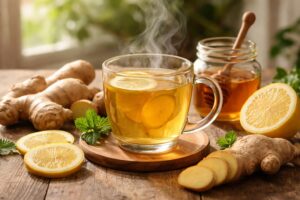 Šálek zázvorového čaje na stole s čerstvým zázvorem