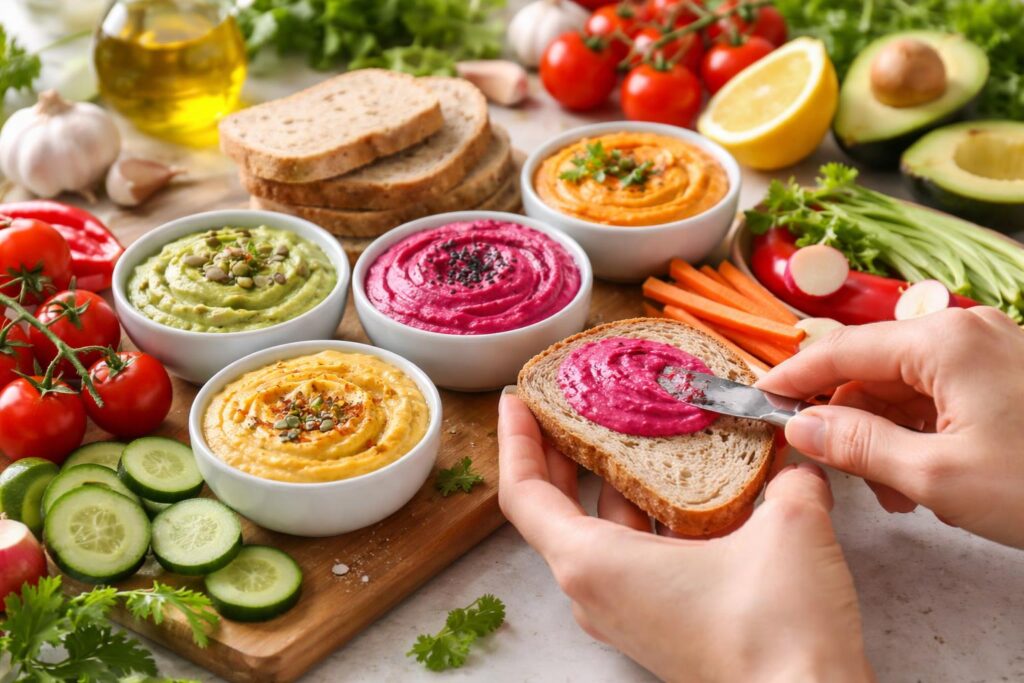 Zdravé pomazánky na snídani v misce s čerstvým pečivem